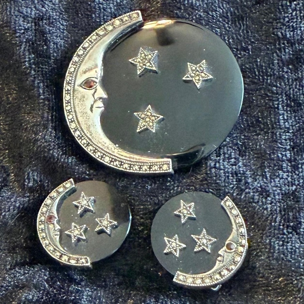 Sterling Silver 925 Marcasite Moon Face Black Onyx Brooch Earring Set Celestial